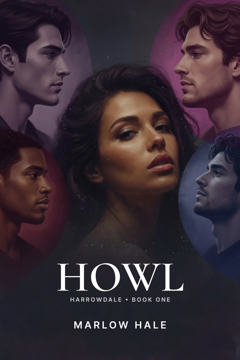 HOWL working cover: Willa at the center, the four alphas in profile around her, each held in a circle of color